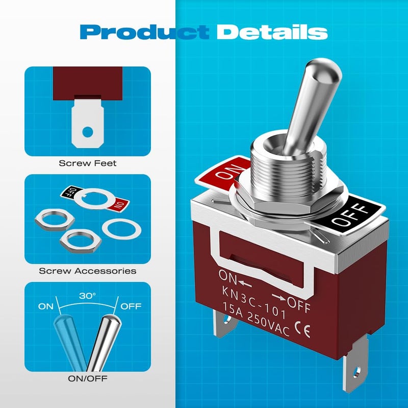 Malictele Waterproof Toggle Switch, SPST 2Pin ON/Off Marine 12V DC 30A/125VAC 20A Heavy Duty Toggle Switch with Waterproof Cap Terminals for Vehicles and Boats-2 Pack - Image 3